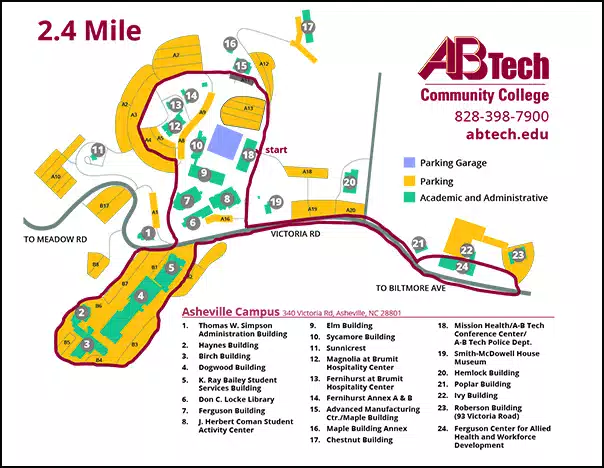 2 mile walking trail map of Asheville Campus