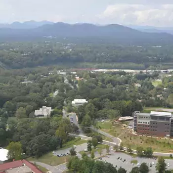 Aerial view of mountains behind A-B Tech