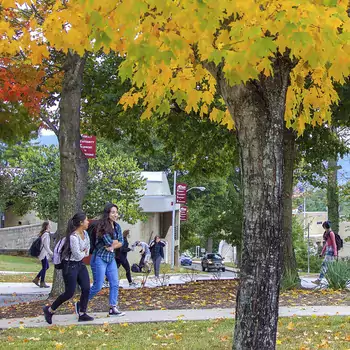 Student walking beneath autumn trees