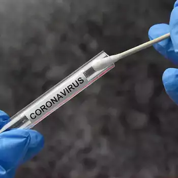 cotton swab being placed in a test tube by blue gloved hands