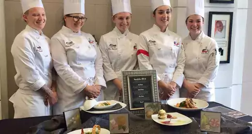 A-B Tech’s Student Culinary Team with their winning plates at the American Culinary Federation’s Southeast Regional Competition. Members of the team are, from left, Emma Wieber, Habiba Smallen, Nina Patterson, Jessica Olin, and Emily Welch.