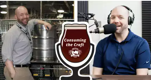Jeff Irvin next to a keg of beer and a photo with headphones one