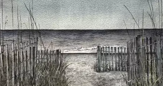 charcoal rendering of a beach with sea grass and fence