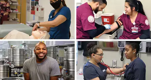 Four images of students in medical labs, brewery and cosmetology