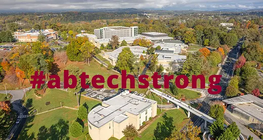 Aerial shot of A-B Tech campus with #abtechstrong text overlay.