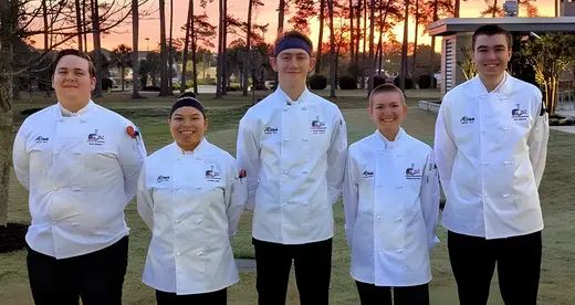 A-B Tech’s 2025 student culinary team members are (l to r): Jack Ramsey, Carolina Salas, Ezrah Hanson (captain), Martin Deyman and Josh Jimison. The team coach is Chef Chris Bugher, CEC.