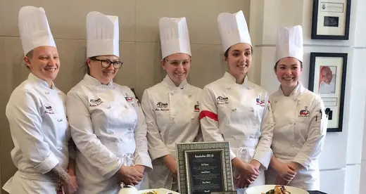 A-B Tech’s Student Culinary Team with their winning plates at the American Culinary Federation’s Southeast Regional Competition. Members of the team are, from left, Emma Wieber, Habiba Smallen, Nina Patterson, Jessica Olin, and Emily Welch.