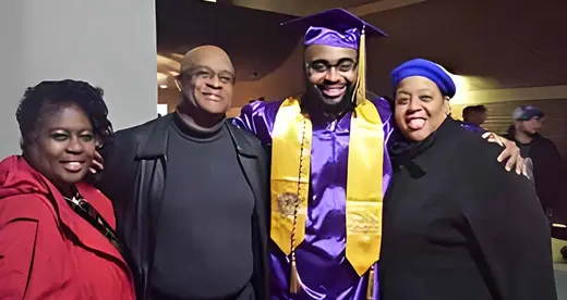 Phyllis Utley, College Liaison for High School Programs; Dr. Joseph Fox (retired), graduate Jeremy Jackson and Angela Calhoun, Library Assistant.