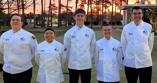 A-B Tech’s 2025 student culinary team members are (l to r): Jack Ramsey, Carolina Salas, Ezrah Hanson (captain), Martin Deyman and Josh Jimison. The team coach is Chef Chris Bugher, CEC.
