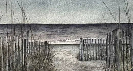charcoal rendering of a beach with sea grass and fence