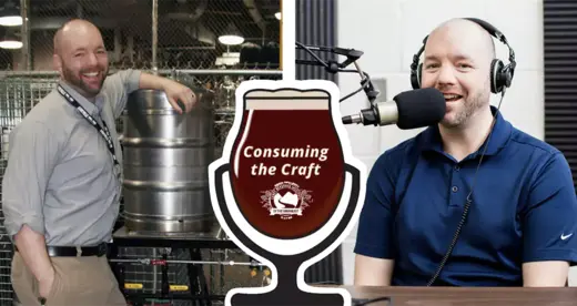 Jeff Irvin next to a keg of beer and a photo with headphones one