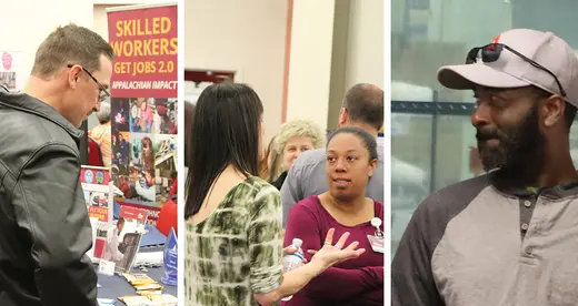 Three photo of people at a job fair