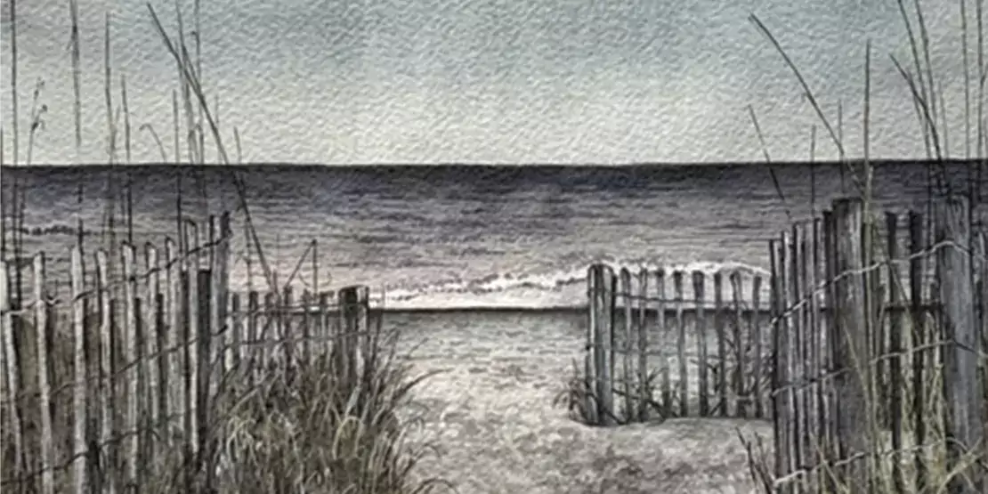charcoal rendering of a beach with sea grass and fence