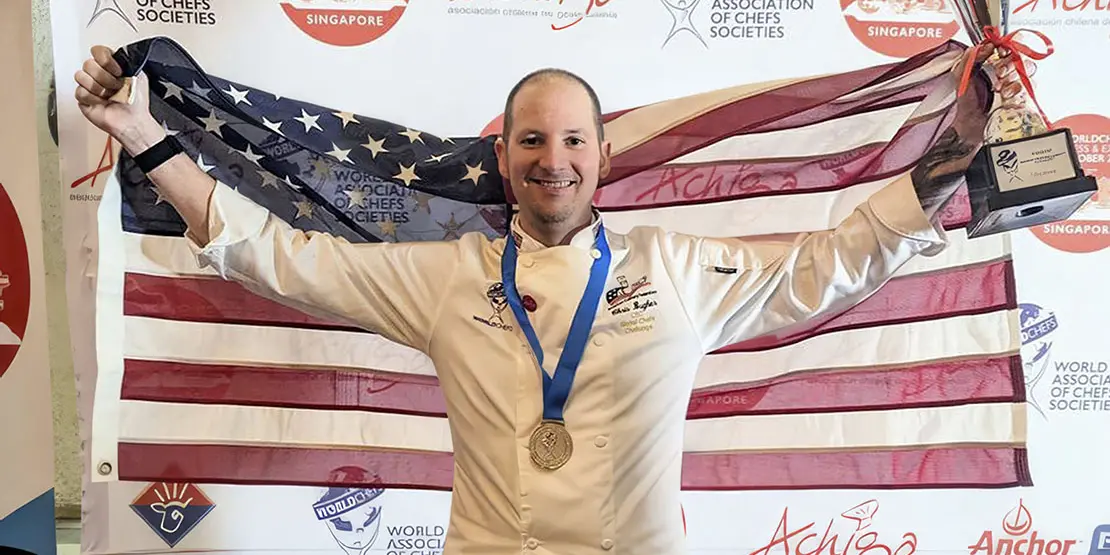 Chris Bugher, executive chef instructor at A-B Tech Community College, won the gold medal and trophy and the title of Global Vegan Chef of the Americas in the Worldchefs Global Chefs Challenge Regional Semi-Final in Santiago, Chile in South America