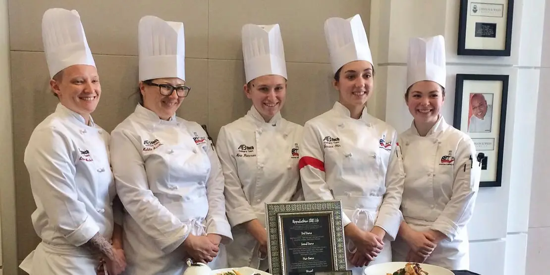 A-B Tech’s Student Culinary Team with their winning plates at the American Culinary Federation’s Southeast Regional Competition. Members of the team are, from left, Emma Wieber, Habiba Smallen, Nina Patterson, Jessica Olin, and Emily Welch.