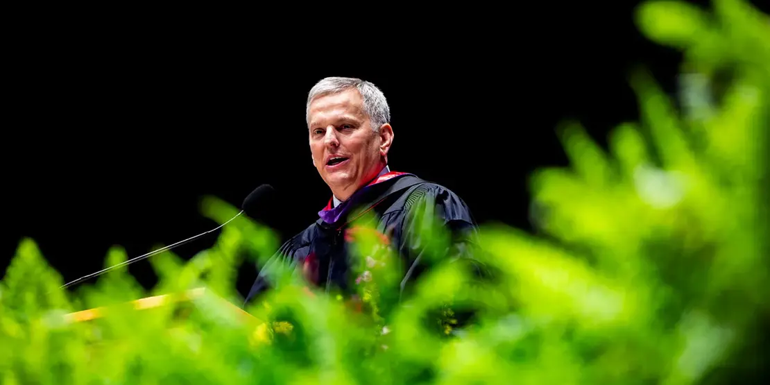 Gov. Josh Stein speaks inside Harrah's Cherokee Center during A-B Tech's graduation ceremony, May 10, 2025, in Asheville.