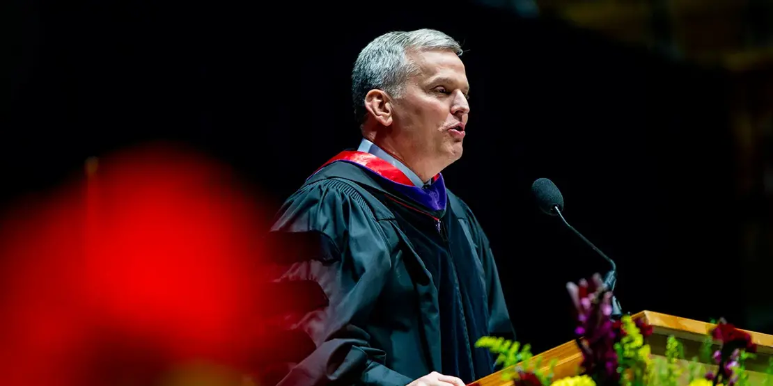 Gov. Josh Stein speaks inside Harrah's Cherokee Center during A-B Tech's graduation ceremony, May 10, 2025, in Asheville.
