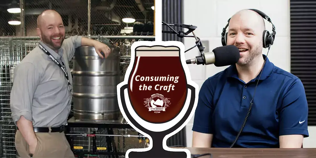 Jeff Irvin next to a keg of beer and a photo with headphones one