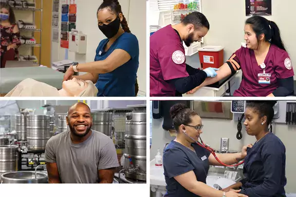 Four images of students in medical labs, brewery and cosmetology