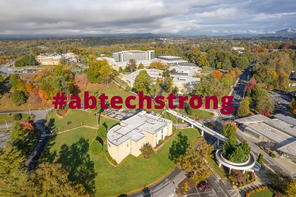 Aerial shot of campus with #abtechstrong text overlay. 