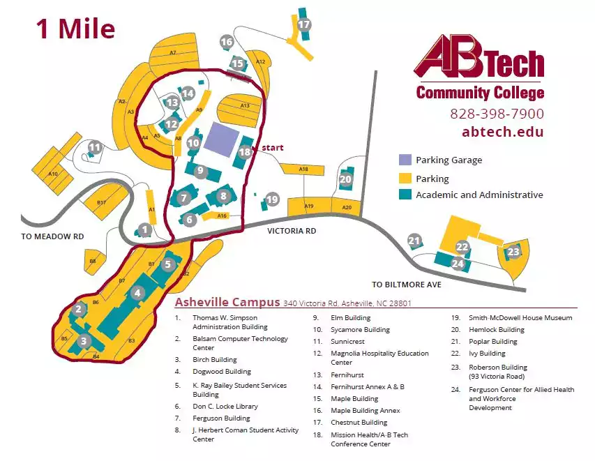 Map of one mile walking route at the A B Tech Asheville Campus