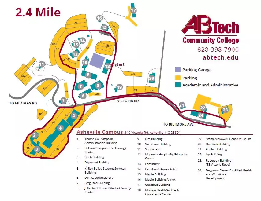Map of two mile walking route at A B Tech Asheville campus