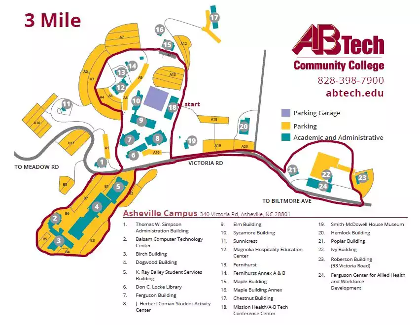 Map of three mile walking route at A B Tech Asheville campus