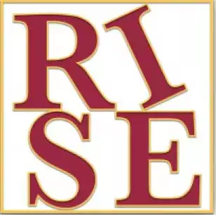 RISE letters in burgundy