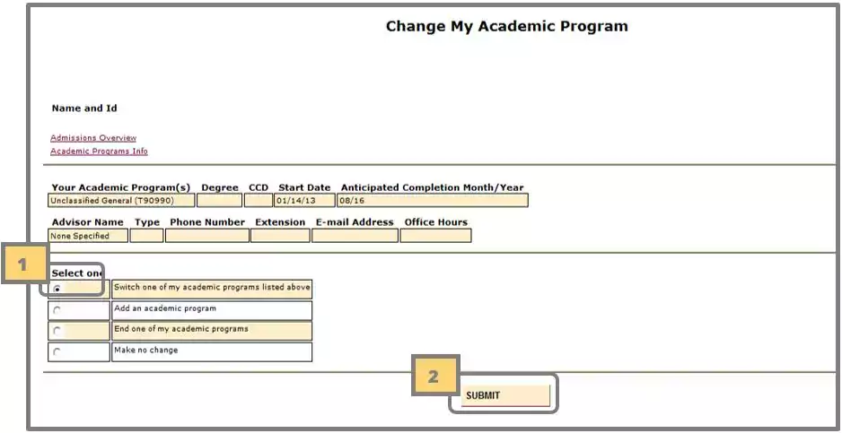 WebAdvisor Change My Academic Program Menu Screenshot