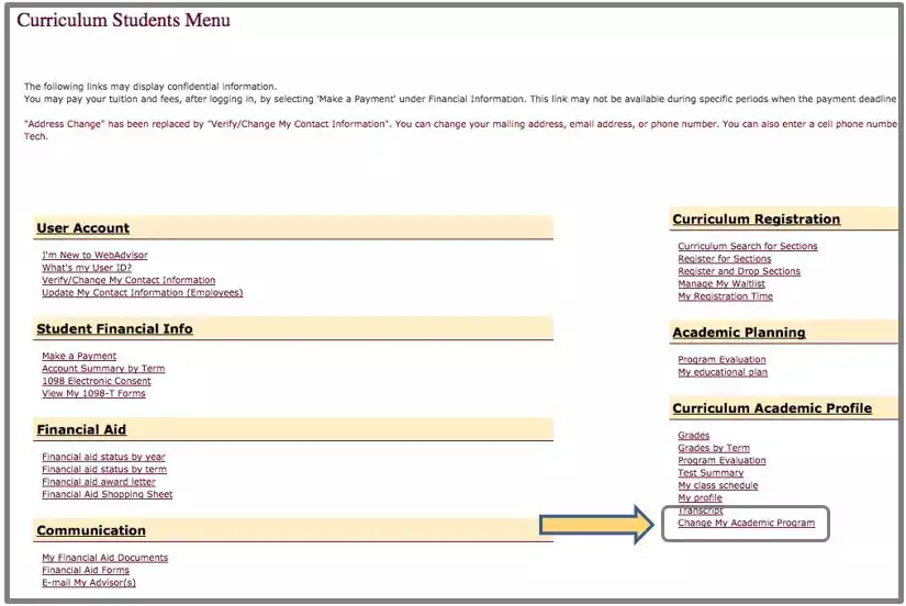 WebAdvisor Curriculum Students Menu Screenshot