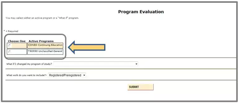 WebAdvisor Program Evaluation Select Menu Screenshot