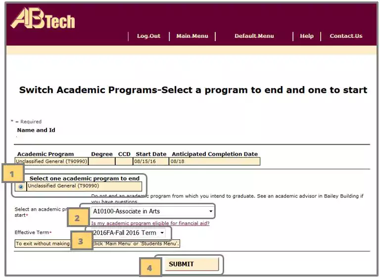 WebAdvisor Switch Academic Program Menu Screenshot