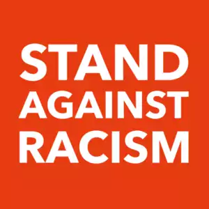 white letters - stand against racism - on orange background