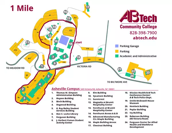 1 mile walking trail map of Asheville Campus
