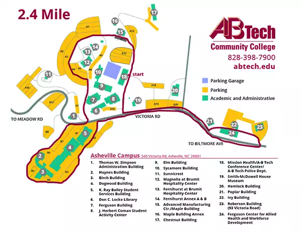 2 mile walking trail map of Asheville Campus