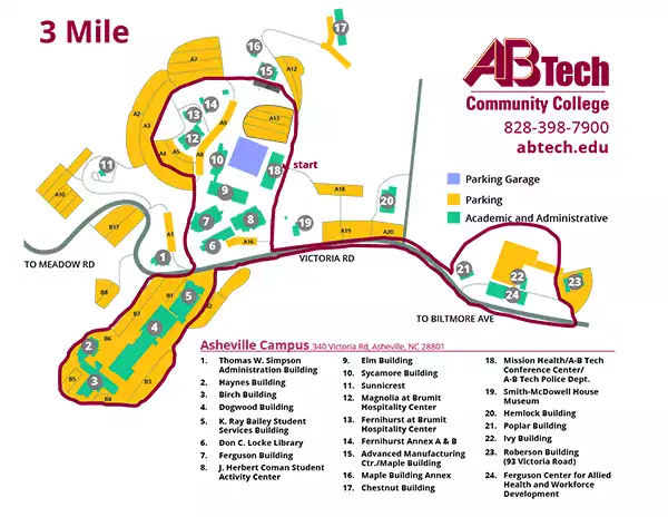 3 mile walking trail map of Asheville Campus