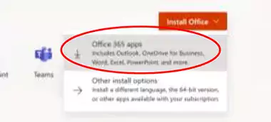 Image indicating with a red circle around the first option in the 365 download dropdown menu