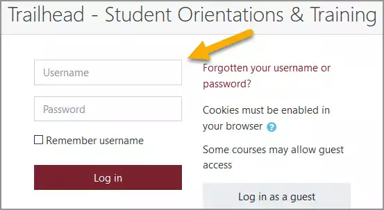 Orientation tutorial image indicating where to log in on the Trailhead site