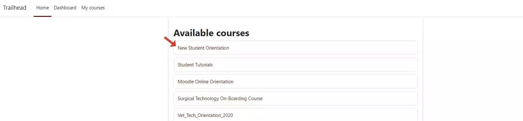 Image depicting the list of courses that are available under the "home" section. 