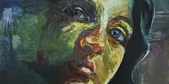 Oil painting of a woman's face primarily in shades of green.