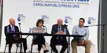 From left, Western Carolina University Chancellor David Belcher, UNC Asheville Chancellor Mary Grant, A-B Tech President Dennis King and Frank Taylor of CPP