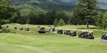 Golf carts lined up with mountains in the background.