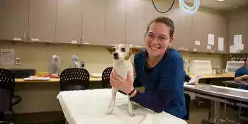 Veterinary Student holding dog on an examining table