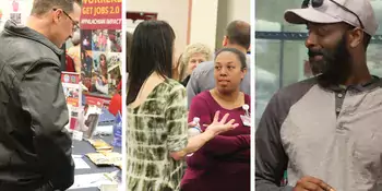 Three photo of people at a job fair