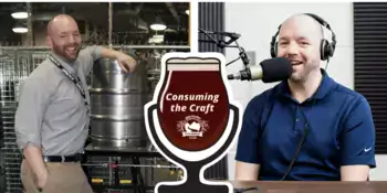 Jeff Irvin next to a keg of beer and a photo with headphones one