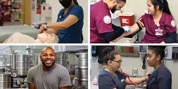 Four images of students in medical labs, brewery and cosmetology