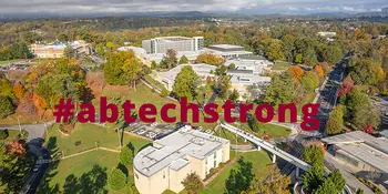 Aerial shot of A-B Tech campus with #abtechstrong text overlay.