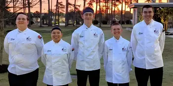 A-B Tech’s 2025 student culinary team members are (l to r): Jack Ramsey, Carolina Salas, Ezrah Hanson (captain), Martin Deyman and Josh Jimison. The team coach is Chef Chris Bugher, CEC.