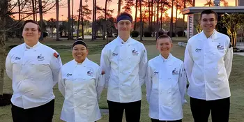 A-B Tech’s 2025 student culinary team members are (l to r): Jack Ramsey, Carolina Salas, Ezrah Hanson (captain), Martin Deyman and Josh Jimison. The team coach is Chef Chris Bugher, CEC.