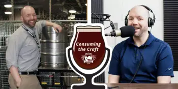 Jeff Irvin next to a keg of beer and a photo with headphones one